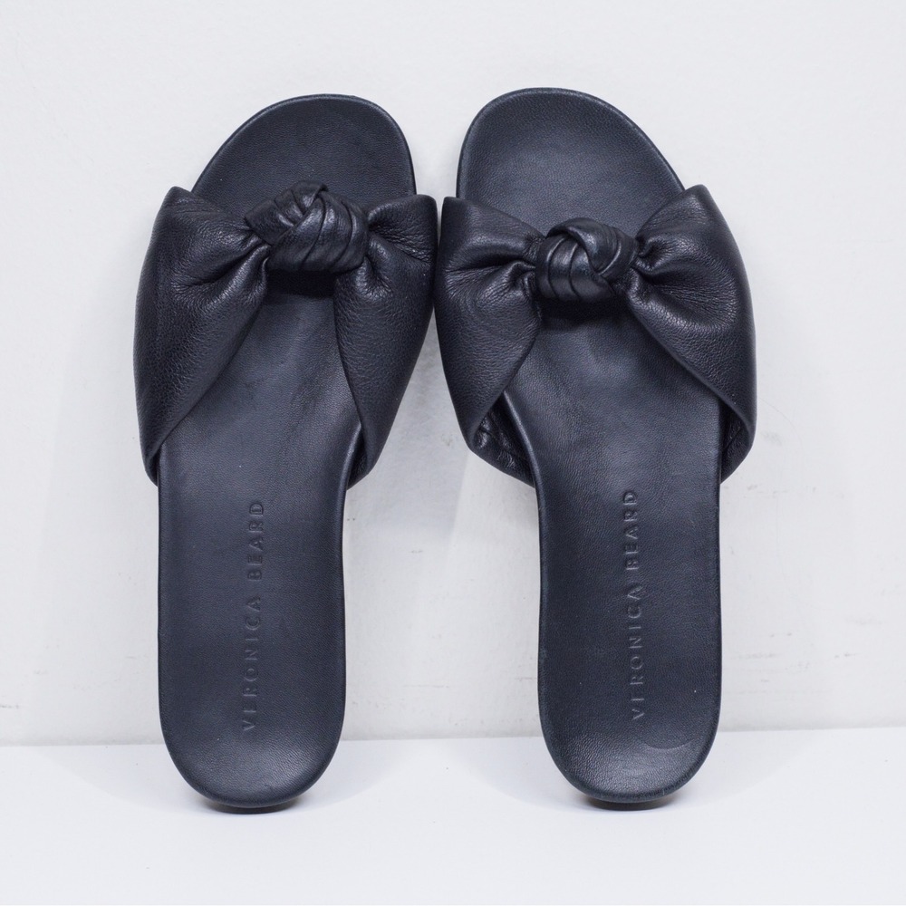 VERONICA BEARD Knotted Bow Leather Slide Sandals Flat Summer Black Sz 5